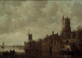 Waterside Landscape with a Windmill and Ruined Castle