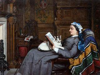 伊丽莎白·艾伦·弗雷泽坐着，和一只猫一起看书