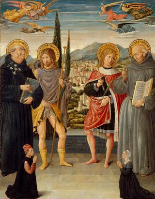 托伦蒂诺、罗奇、塞巴斯蒂安和锡耶纳贝纳迪诺的圣尼古拉斯，以及跪着的捐赠者