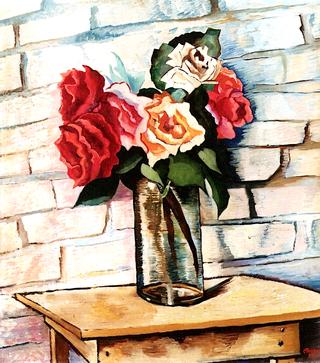 Vase of Flowers with Brick Wall