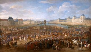 March of the King accompanied by his guards passing over the Pont-Neuf and going to the Palais