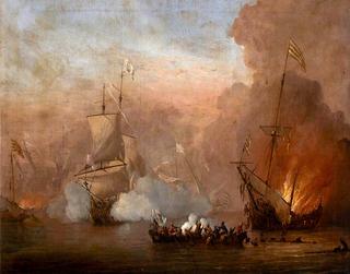 A Naval Engagement between an English Ship and Barbary Ships (after Willem van de Velde II)