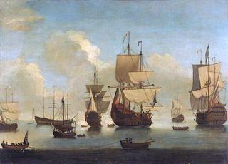 English Warships at Anchor in a Calm, Drying Sails