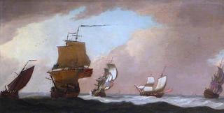 四艘英国军舰和一条渔船在强风中拍打