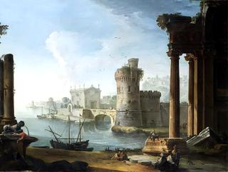 A ruined Ionic Portico and a Tower by an Inlet, a Port and a hilltop Town beyond