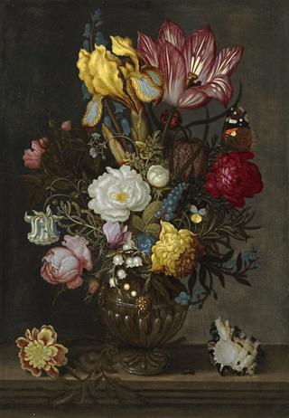 Still life with a bouquet of flowers in a glass vase