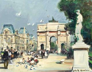 Paris street scene with a view of the arc de Triomphe