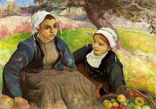两个布雷顿女人拿着一篮苹果