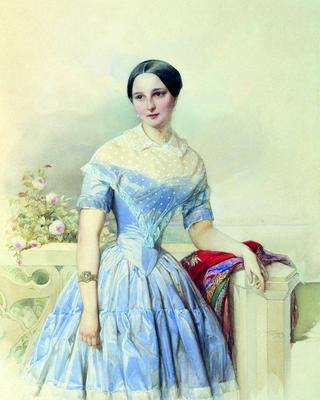 一位穿蓝色连衣裙的女士的肖像