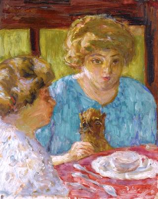 Two Women with Cat at the Table