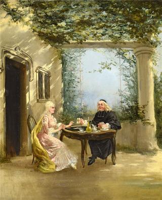A Priest and an Elegant Lady Playing Cards