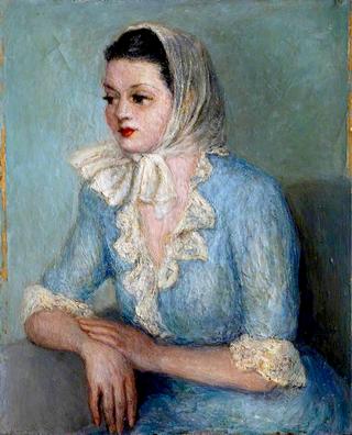 Lady in a Blue Dress with White Headscarf