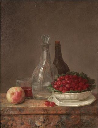 A Still Life With A Bowl Of Cherries, A Peach And Carafes Of Water And Wine On A Marble Ledge