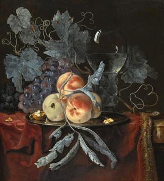 Still Life With Peaches And Grapes On A Pewter Plate