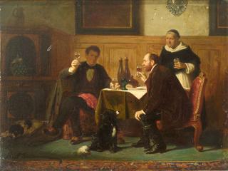 Interior with two men tasting wine, monk and two dogs