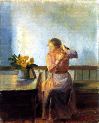 Seated Woman Weaving Her Hair