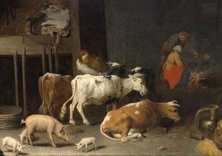 Interior with a Peasant Feeding Cows and Pig