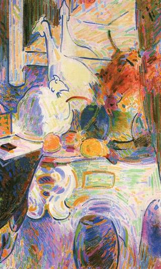 Still life with porcelai fowl in front of a mirror