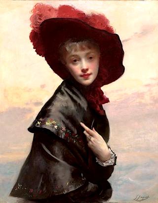 Portrait of a Young Woman in a Black Hat with Red Feathers