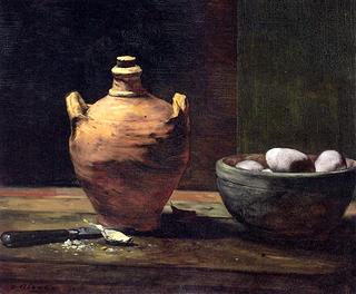 Still Life with Eggs, Garlic, and a Ceramic Jug