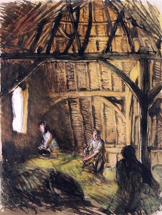 Study of a Barn Interior with Figures Turning the Hay