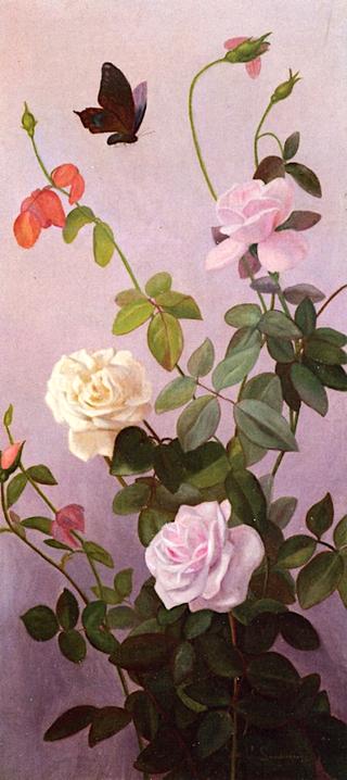 Still Life of Roses and Butterfly