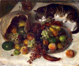 Still life with fruit and cat