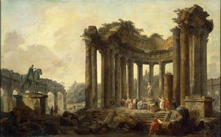 Landscape with the Ruins of the Round Temple, with a Statue of Venus and a Monument to Marcus Aureli
