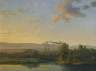An Italianate river landscape at sunset