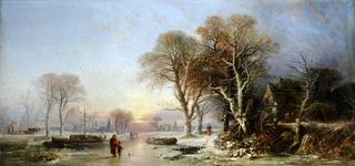 A Winter Landscape at Sunset with Figures on a Frozen River