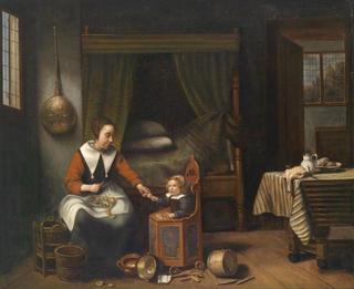 Domestic Interior with a Young Woman Peeling Apples and a Small Child