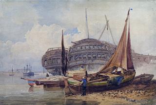 Coastal Scene with Beached Boats in Foreground