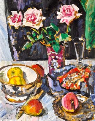 Still Life of Pink Roses with Fruit and a Glass