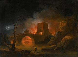 A Moonlit River Landscape With Figures Fleeing A Burning City
