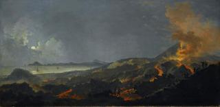 A nocturne with a Coastal Landscape and an erupting Volcano