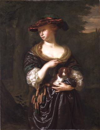 A Woman Holding a Dog in a Landscape