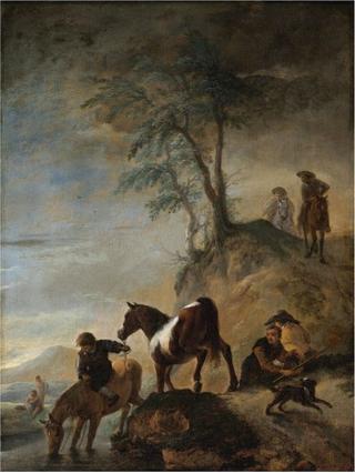 Riders watering their horses at a river
