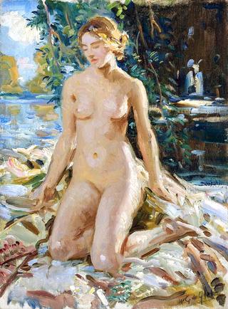 A kneeling female nude in a landscape