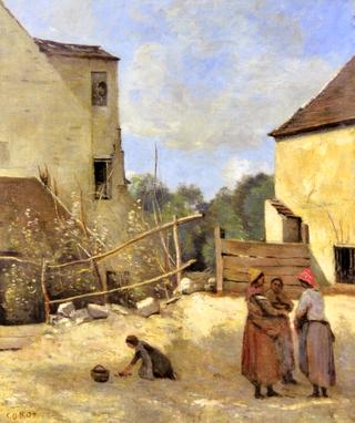 Three Peasant Women Chatting in a Rustic Courtyard