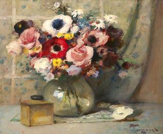 Still life with vase of anemones and fruit