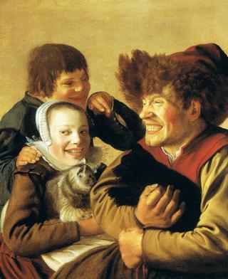 A Grinning Boy in a Fur Hat Holding a Dog, a Girl with a Cat and a Boy Gesturing