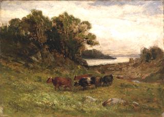 Five Cows Grazing with Trees and River in Background