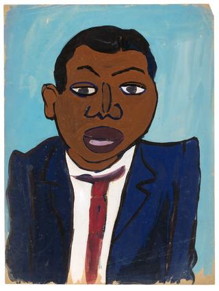 Bust of Man in Blue Jacket and Red Tie