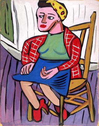 Seated Woman with Yellow Headband and Red Jacket