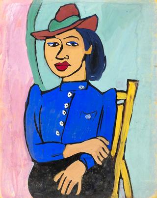 Seated Woman in Red Hat and Blue Blouse