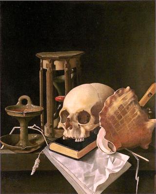 Vanitas Still Life with Skull and Hourglass
