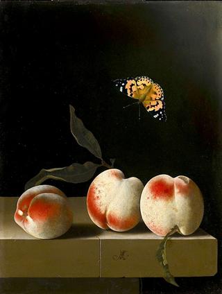 Still Life with Three Peaches on a Stone Ledge and a Butterfly