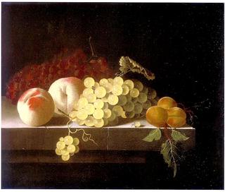 Grapes, Peaches and Apricots on a Stone Plinth