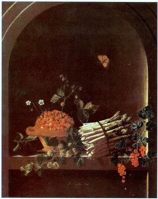 Still life with asparagus, a spray of gooseberries, a bowl of strawberries and other fruit in a niche