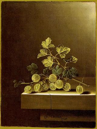 Spray of Green Gooseberries on a Stone Plinth